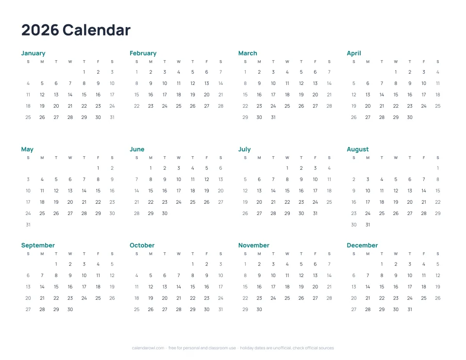 2026 calendar on one page, printable PDF preview