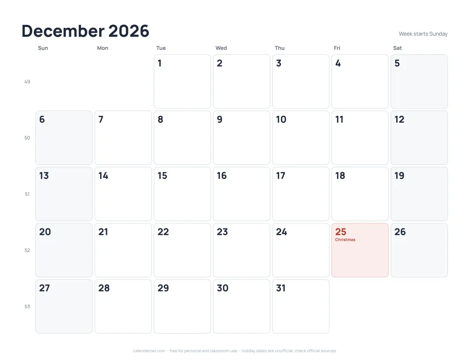 December 2026 calendar, printable PDF preview with US federal holidays and week numbers