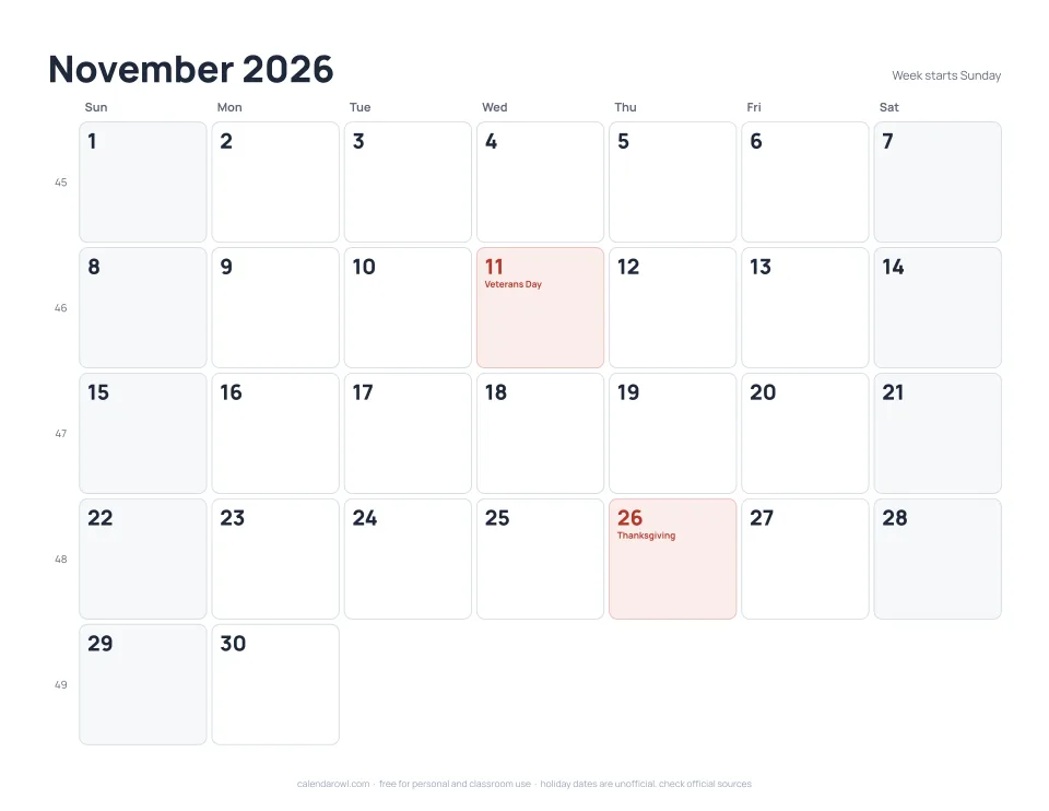 November 2026 calendar, printable PDF preview with US federal holidays and week numbers