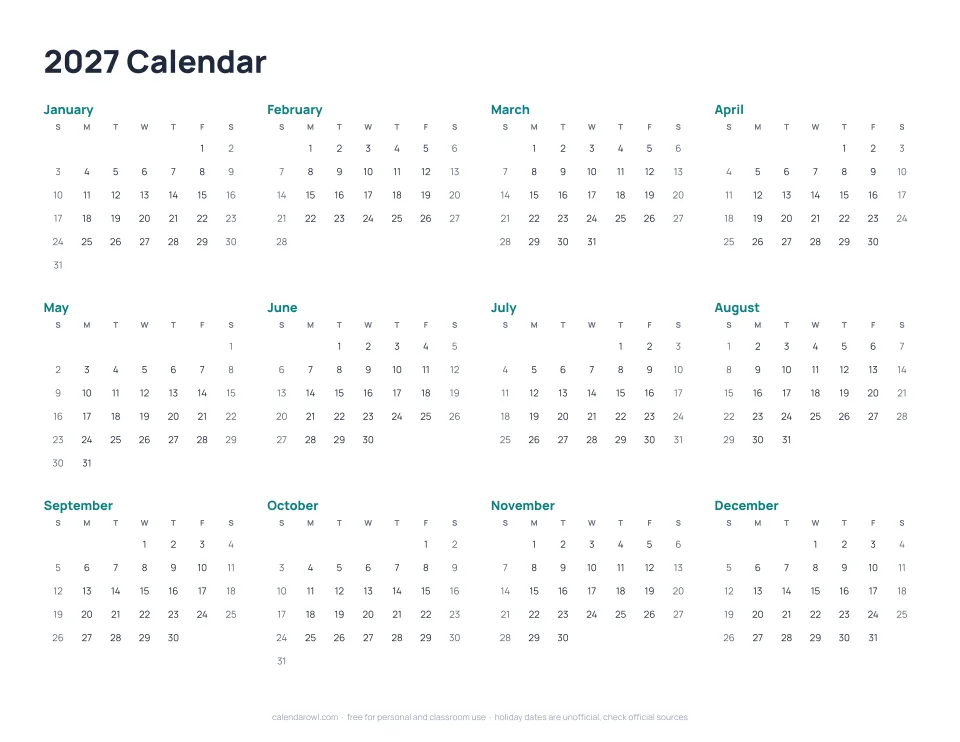 2027 calendar on one page, printable PDF preview