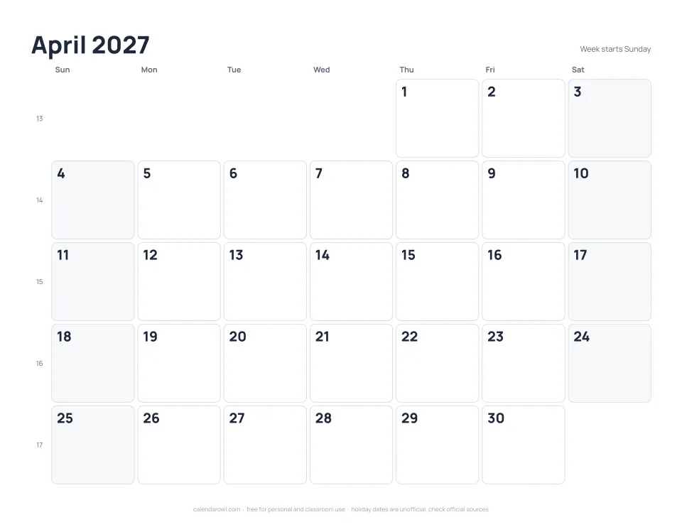 April 2027 calendar, printable PDF preview with US federal holidays and week numbers