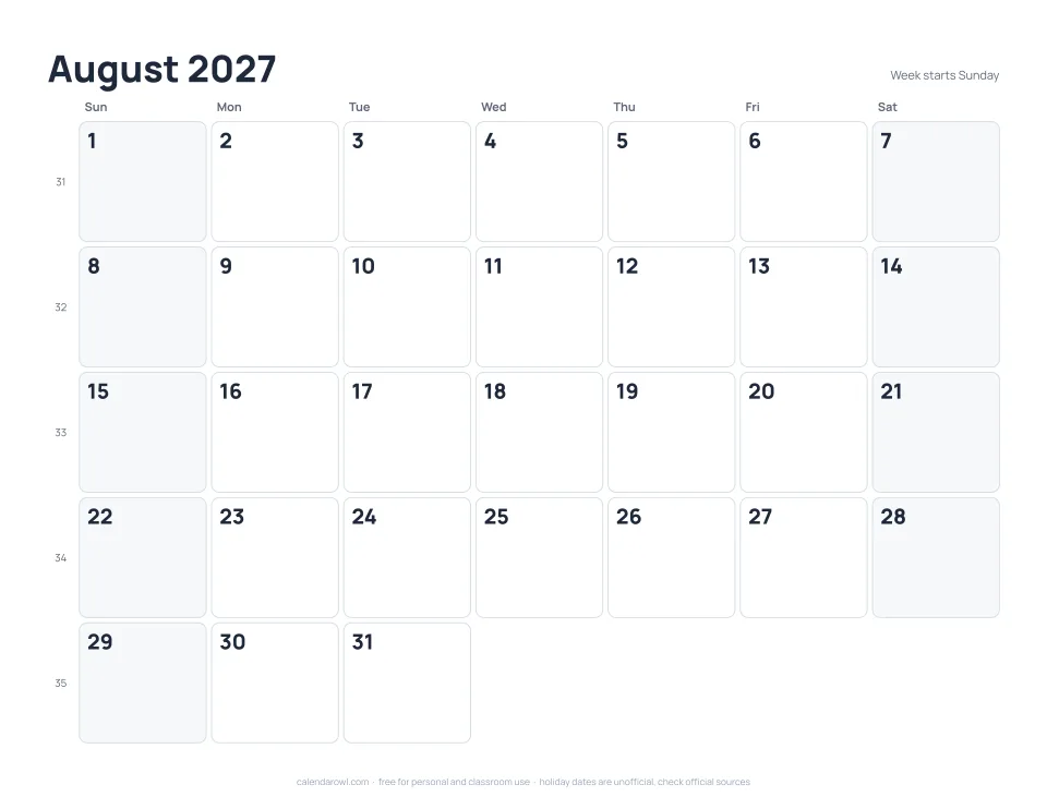 August 2027 calendar, printable PDF preview with US federal holidays and week numbers