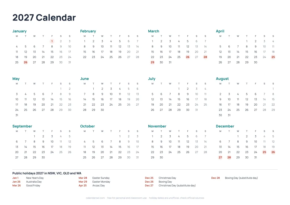 2027 Calendar Australia printable preview with holidays marked