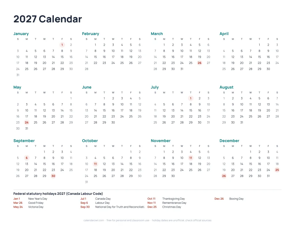 2027 Calendar Canada printable preview with holidays marked
