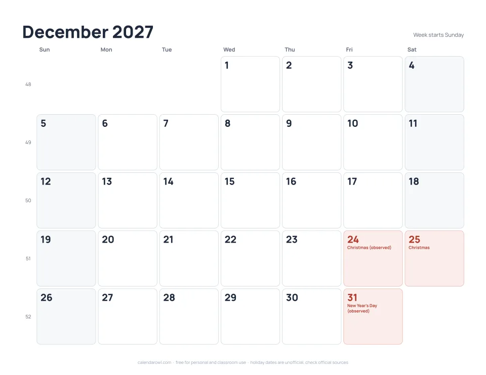 December 2027 calendar, printable PDF preview with US federal holidays and week numbers