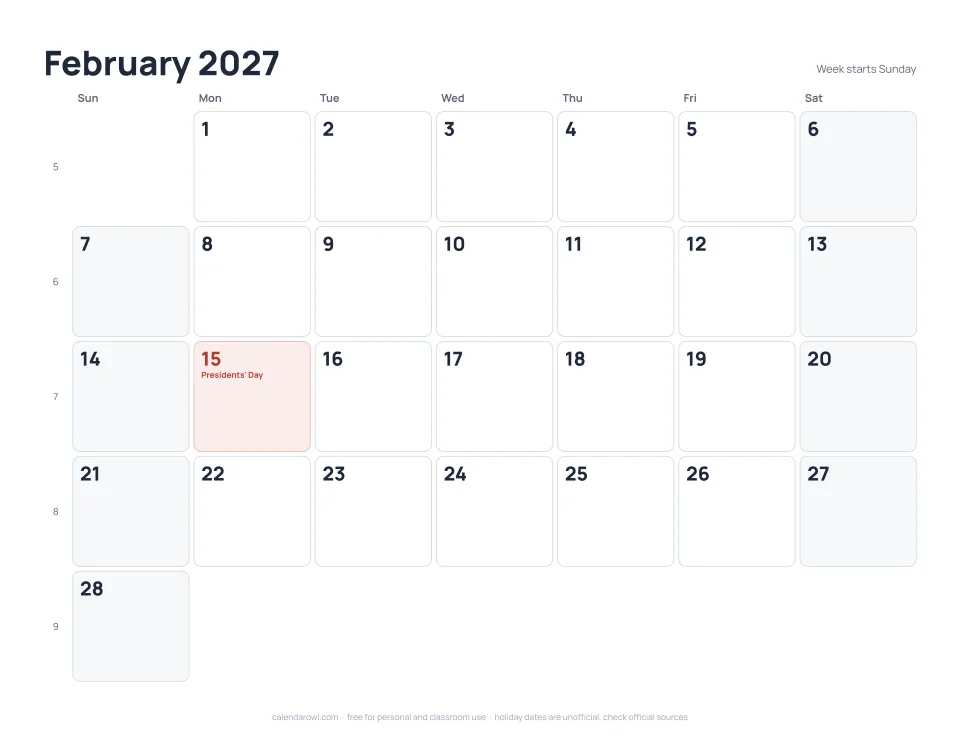 February 2027 calendar, printable PDF preview with US federal holidays and week numbers