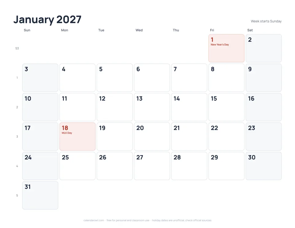 January 2027 calendar, printable PDF preview with US federal holidays and week numbers