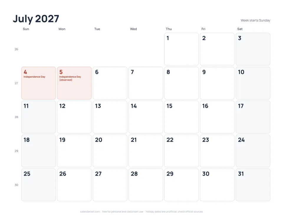 July 2027 calendar, printable PDF preview with US federal holidays and week numbers