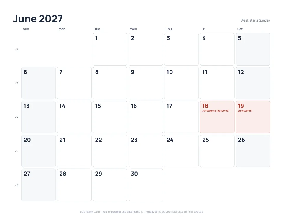 June 2027 calendar, printable PDF preview with US federal holidays and week numbers