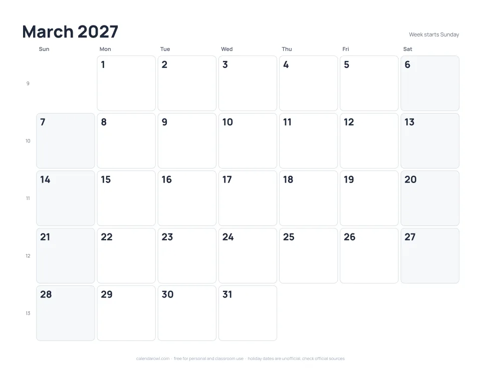March 2027 calendar, printable PDF preview with US federal holidays and week numbers