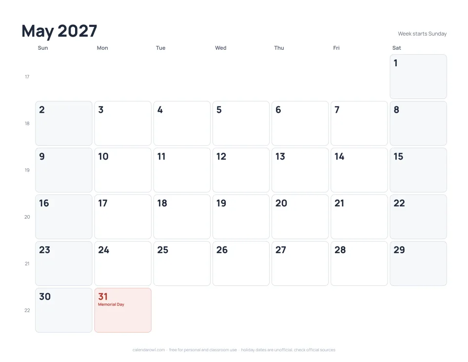 May 2027 calendar, printable PDF preview with US federal holidays and week numbers