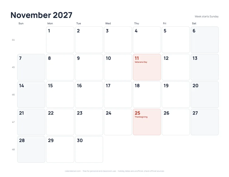 November 2027 calendar, printable PDF preview with US federal holidays and week numbers