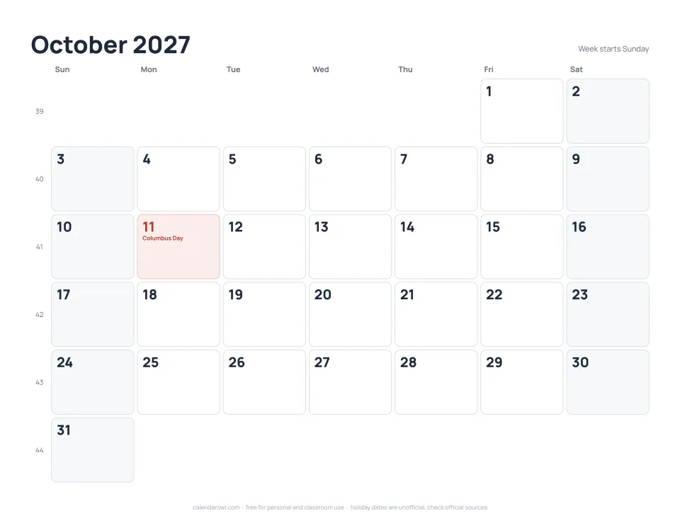 October 2027 calendar, printable PDF preview with US federal holidays and week numbers