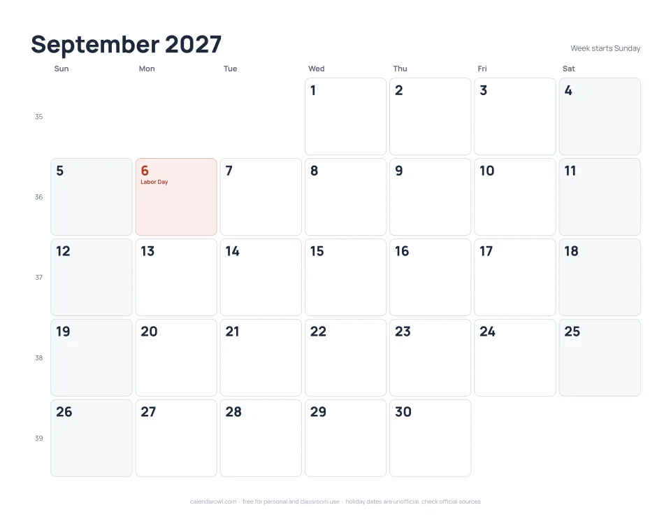 September 2027 calendar, printable PDF preview with US federal holidays and week numbers