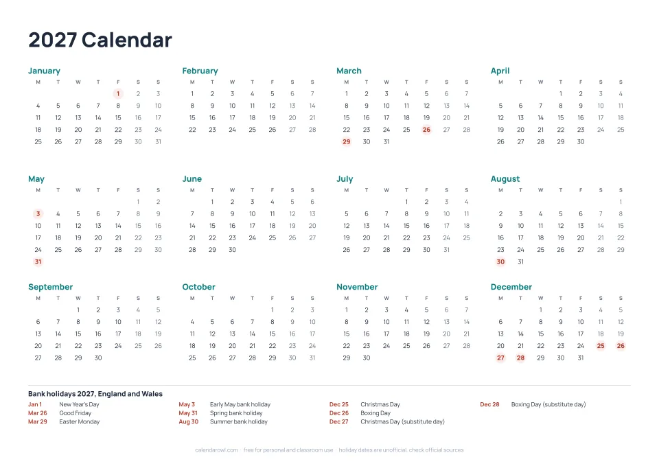 2027 Calendar UK printable preview with holidays marked