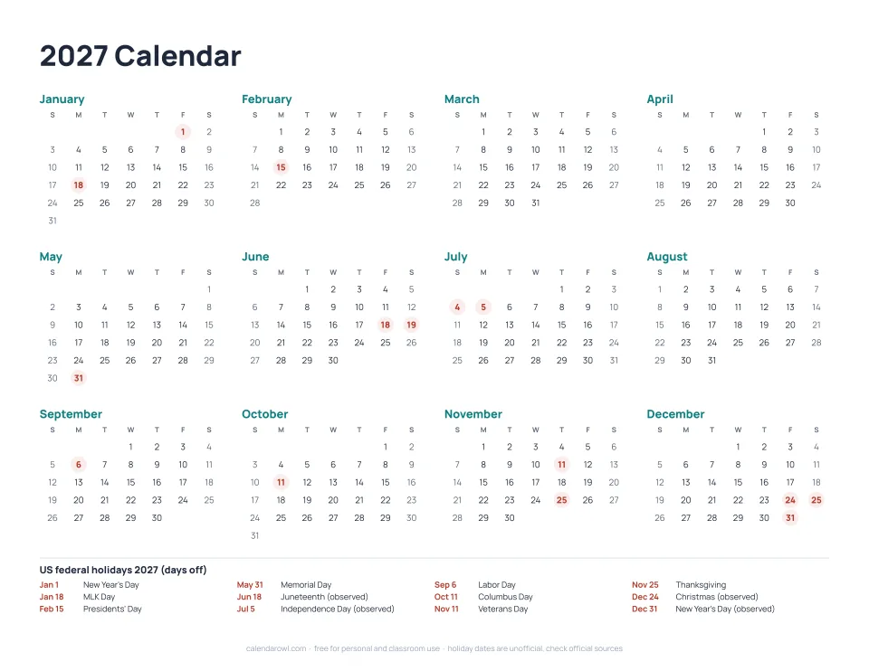 2027 calendar on one page, printable PDF preview