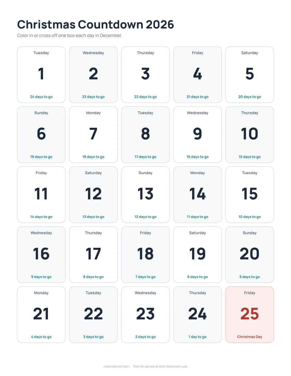 Christmas countdown calendar December 2026: 25 numbered boxes with weekdays and days to go