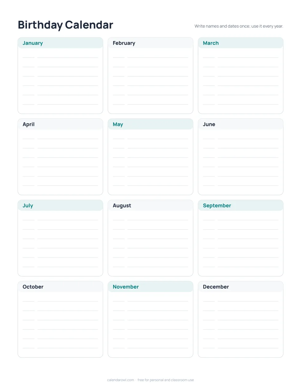 Perpetual birthday calendar with a box for each month and lines for names
