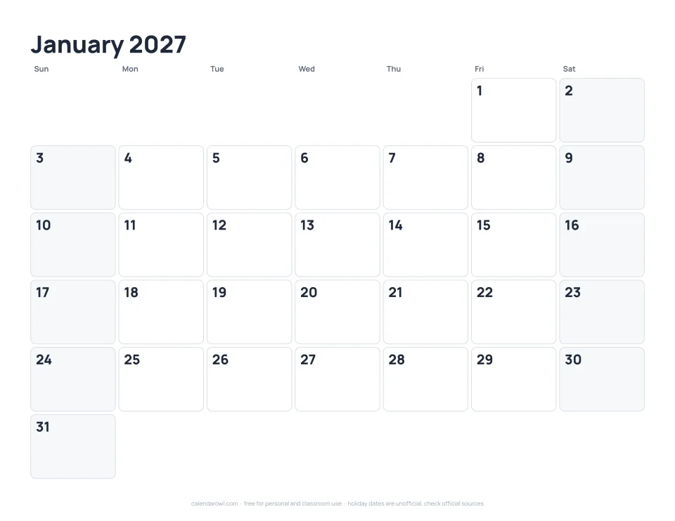 Blank 2027 calendar preview: January with dates only