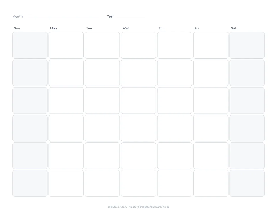 Blank monthly calendar template with empty boxes and a line for the month and year