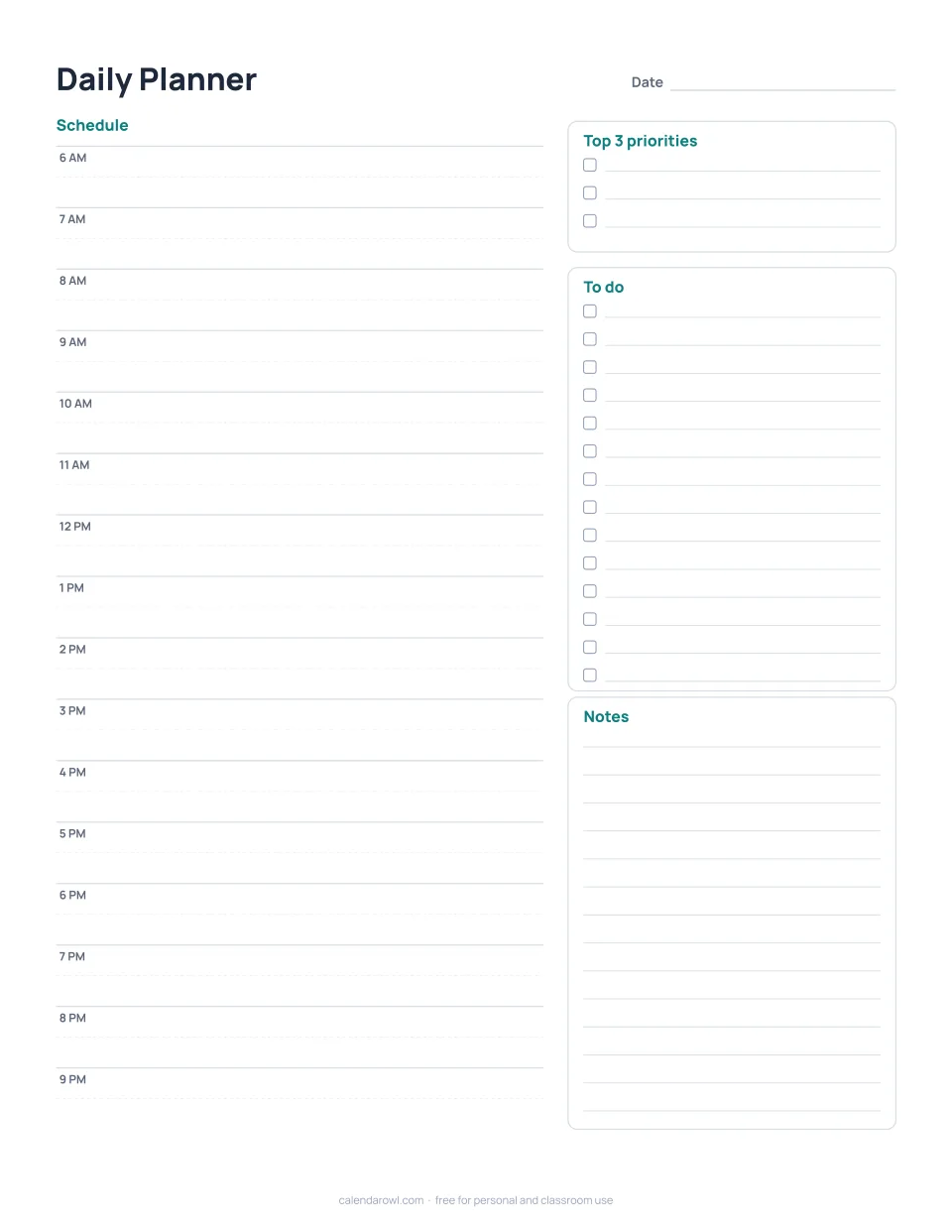Daily planner page with half-hour schedule, top 3 priorities, to-do list and notes