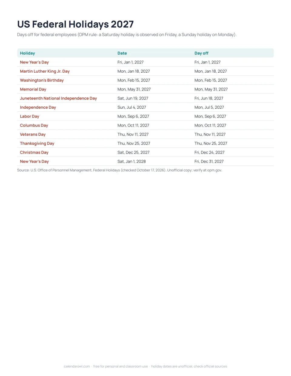 US federal holidays 2027 printable table