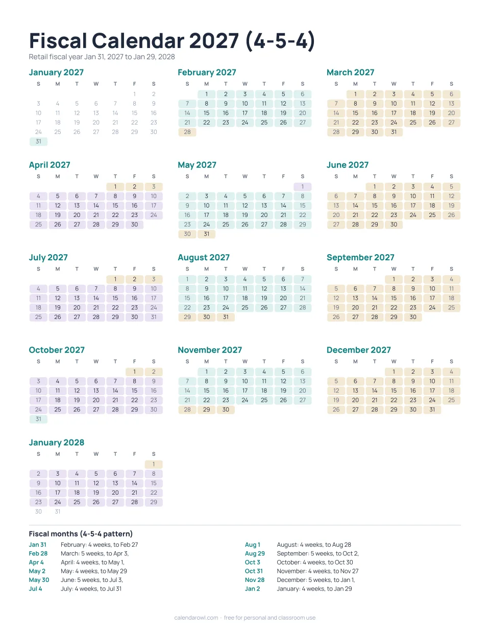 Fiscal calendar 2027 4-5-4 printable preview
