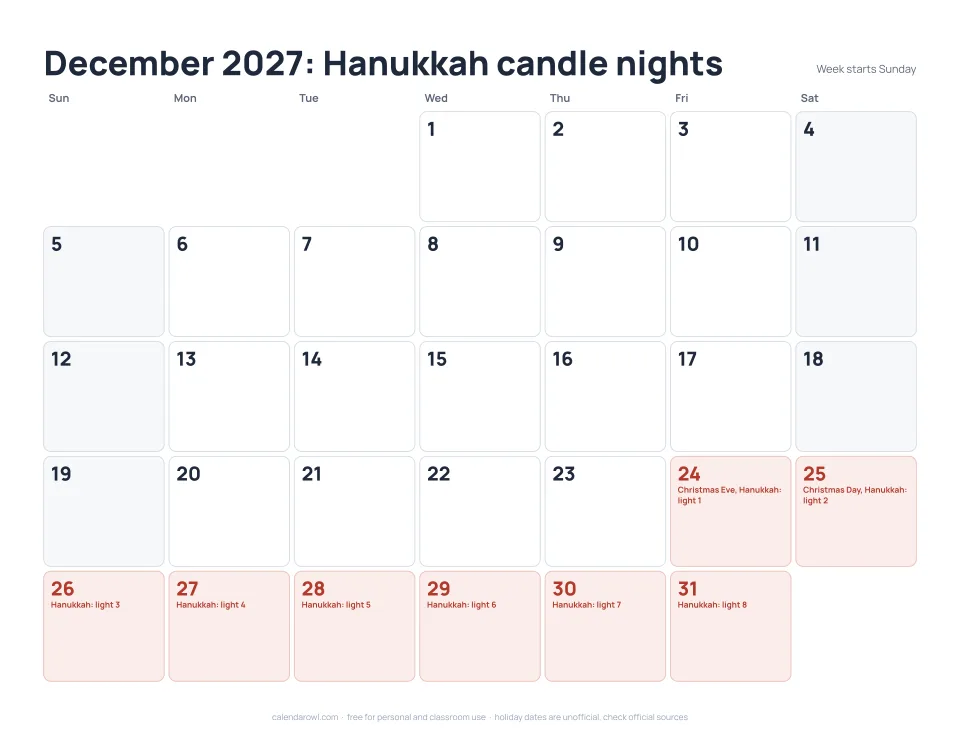 Hanukkah 2027 printable calendar preview