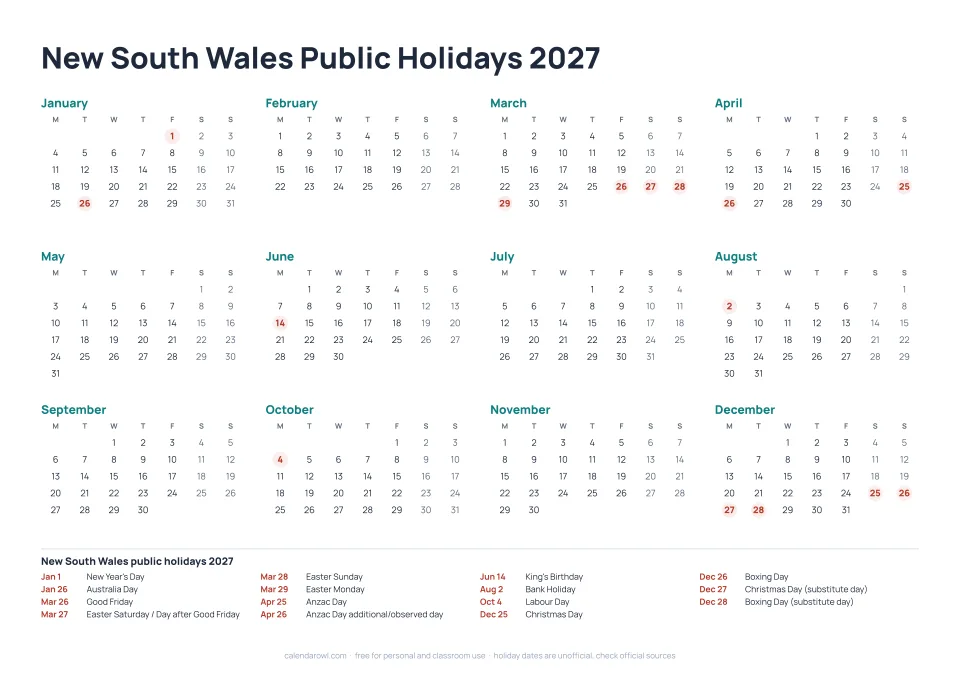 New South Wales Public Holidays 2027 calendar preview