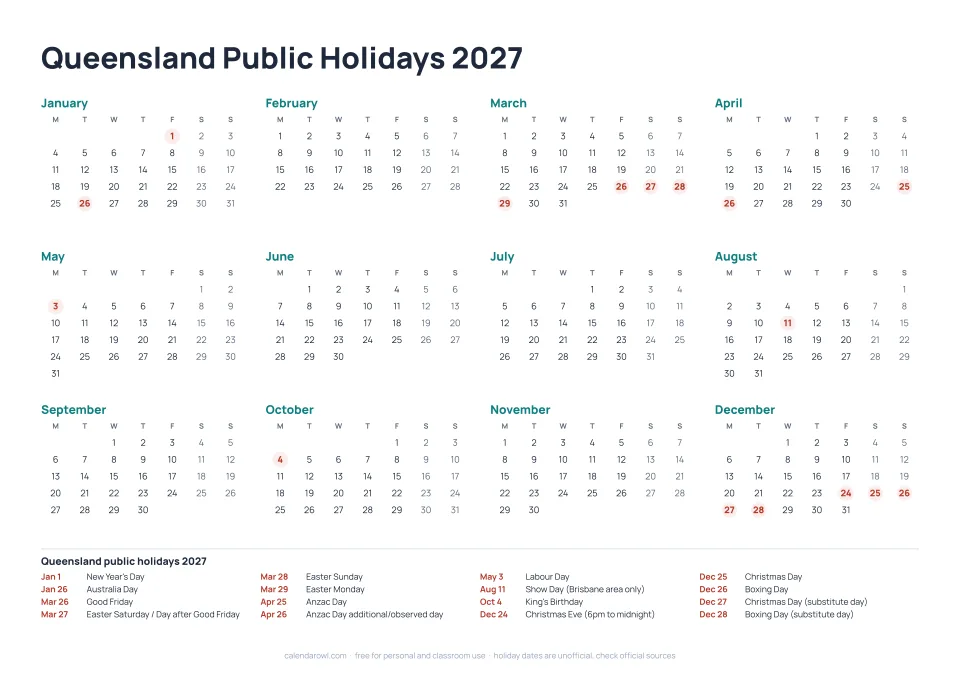 Queensland Public Holidays 2027 calendar preview