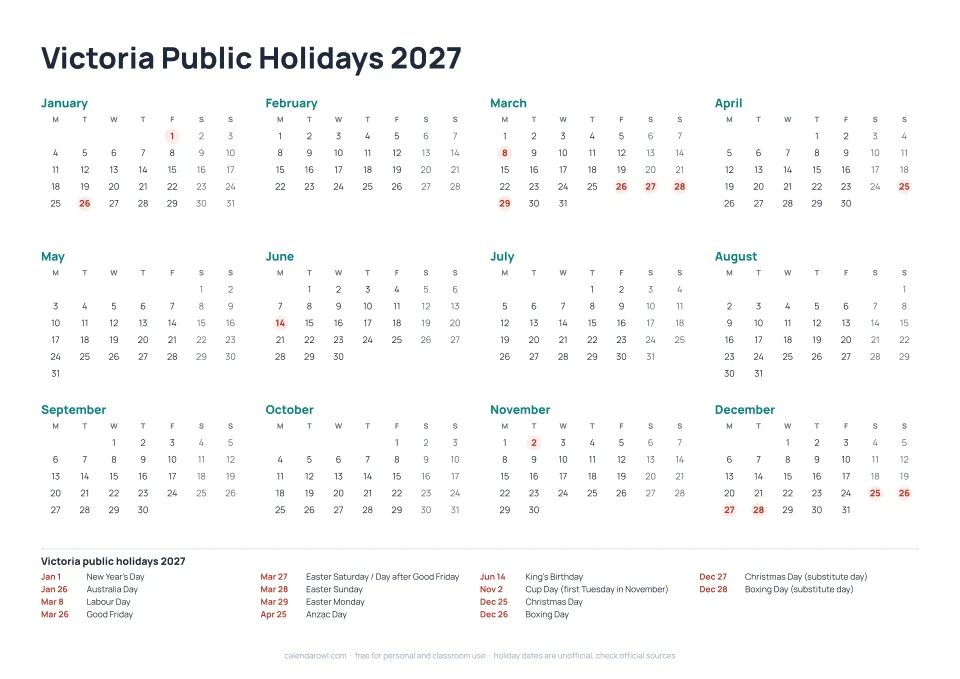 Victoria Public Holidays 2027 calendar preview
