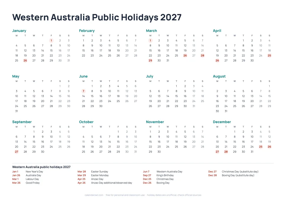 Western Australia Public Holidays 2027 calendar preview
