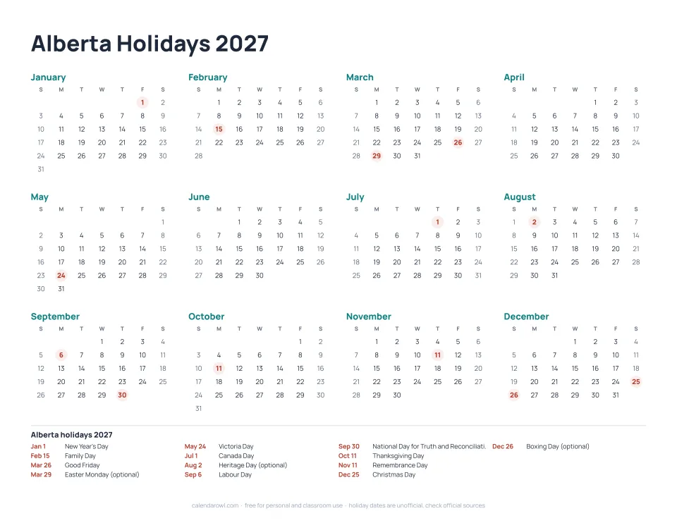 Alberta Holidays 2027 calendar preview