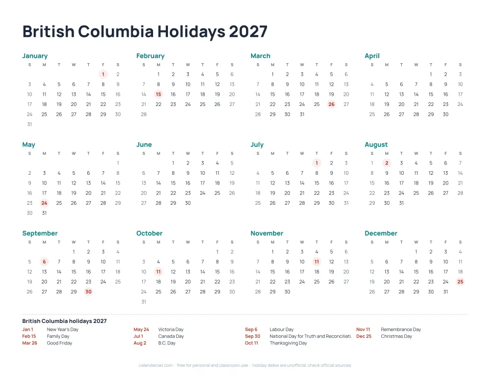 British Columbia Holidays 2027 calendar preview