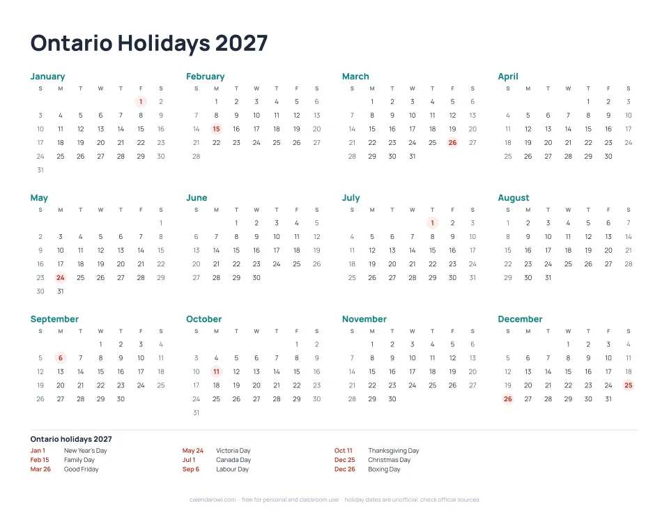 Ontario Holidays 2027 calendar preview