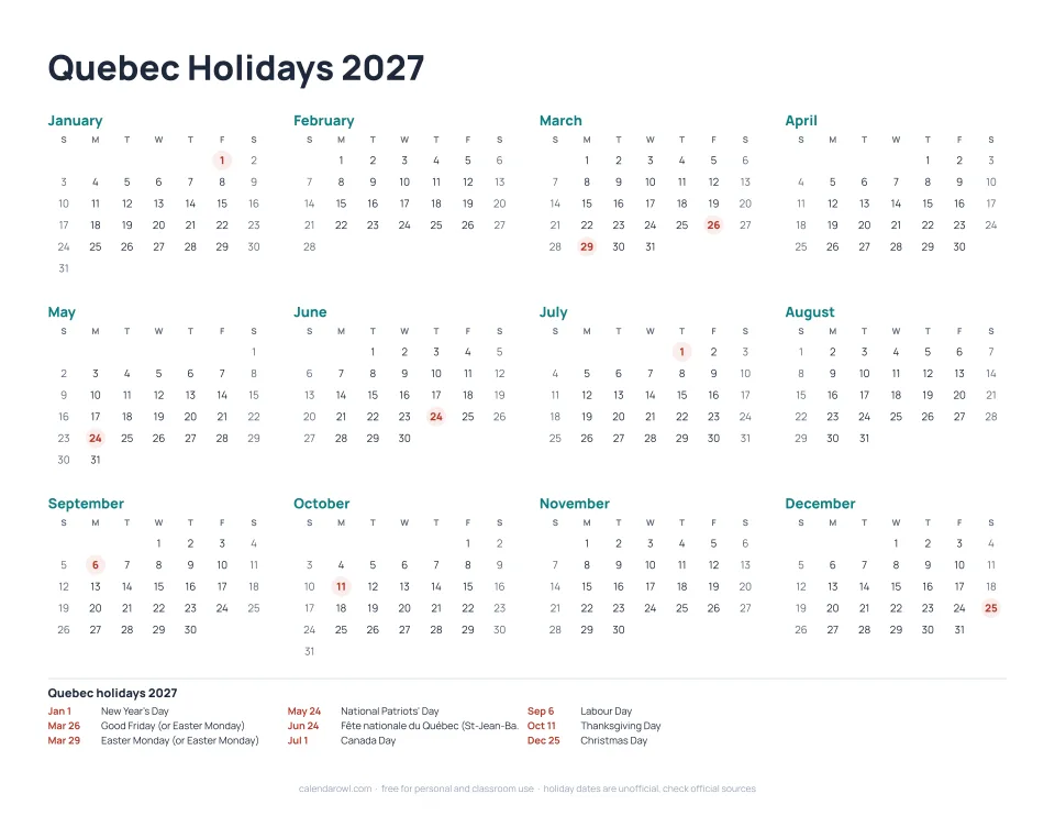 Quebec Holidays 2027 calendar preview