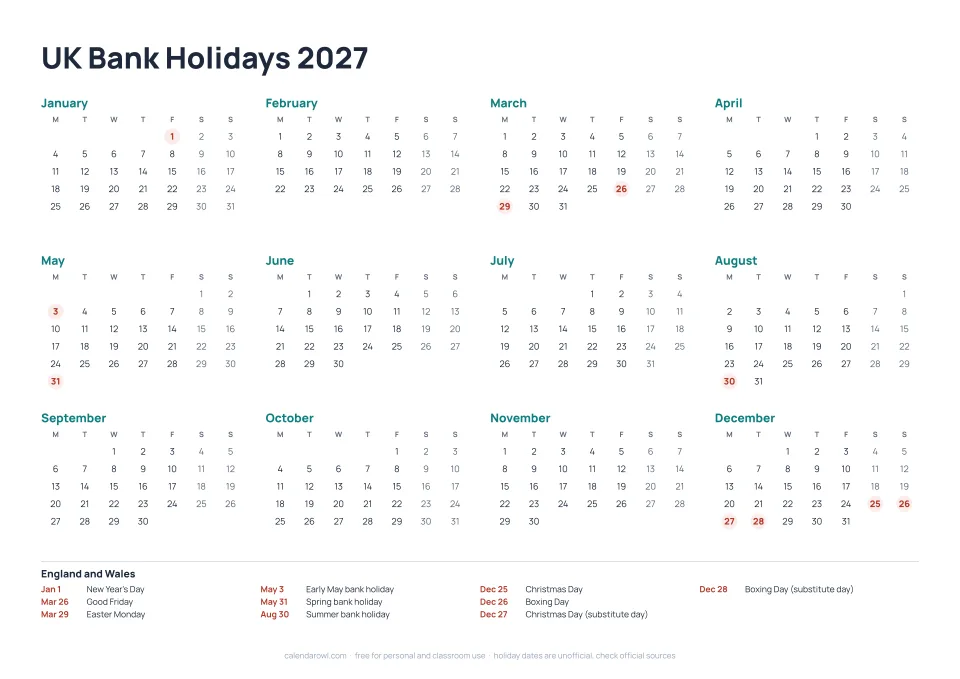 UK Bank Holidays 2027 calendar preview