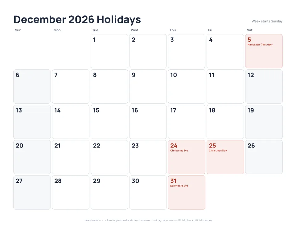 December 2026 holidays calendar printable preview