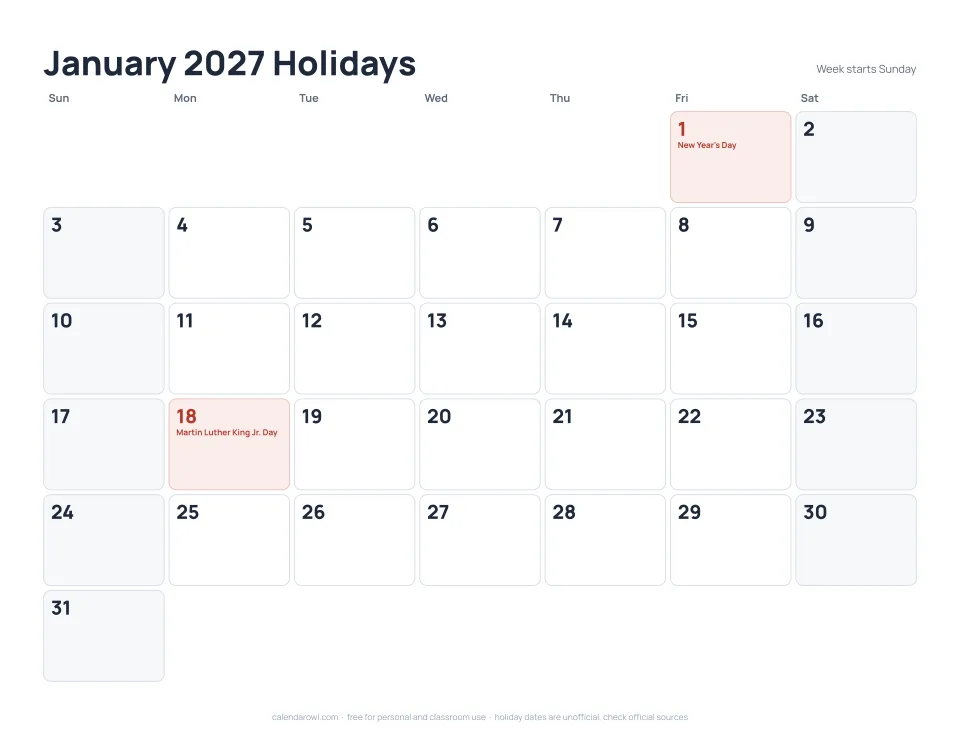 January 2027 holidays calendar printable preview