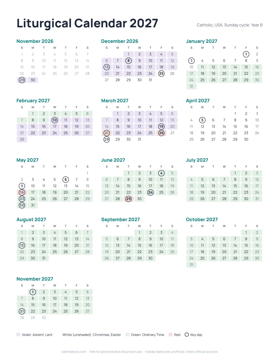 Liturgical calendar 2027 printable with seasons shaded by liturgical color