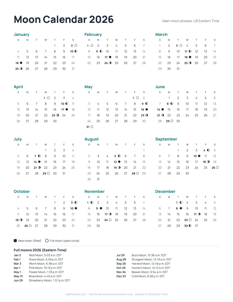 Moon calendar 2026 with moon phase icons, printable preview