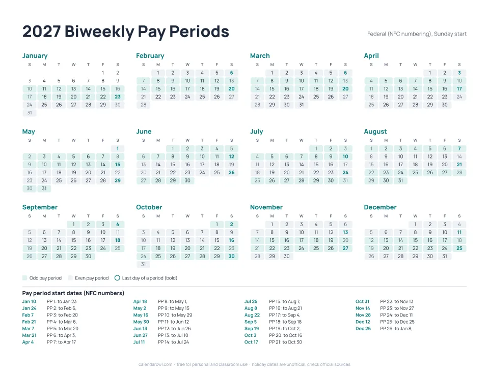 2027 biweekly pay period calendar printable preview