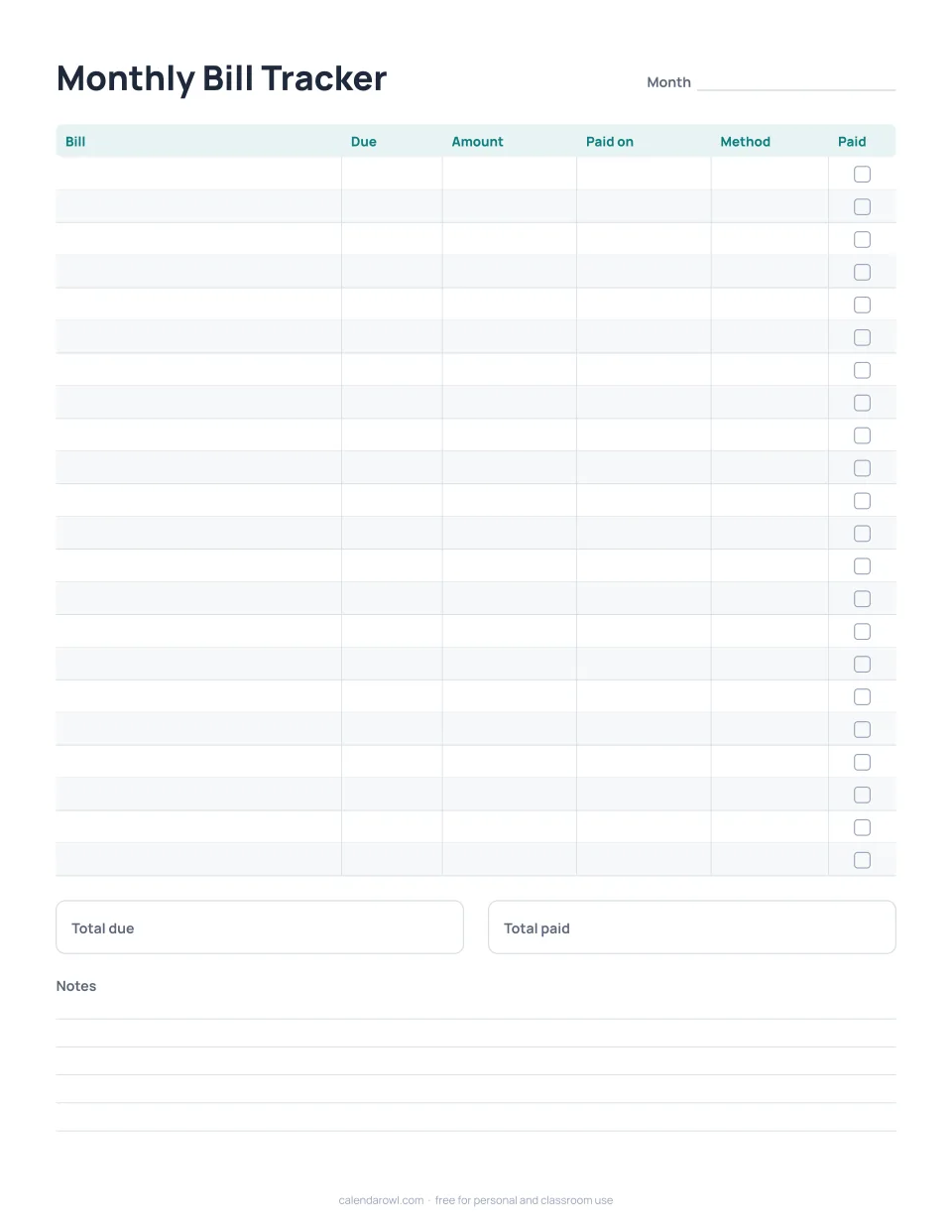 Monthly bill tracker table with columns for bill, due date, amount, paid date and method