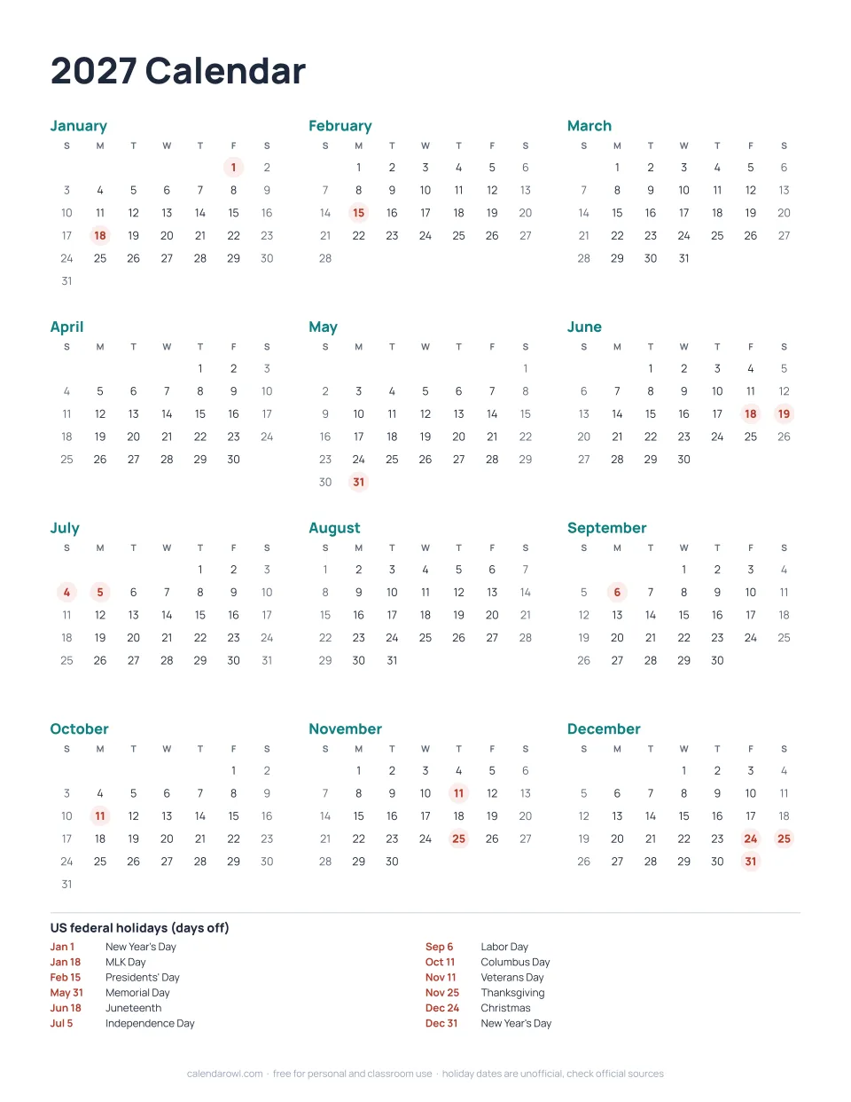 2027 calendar on one page, portrait, with US federal holidays