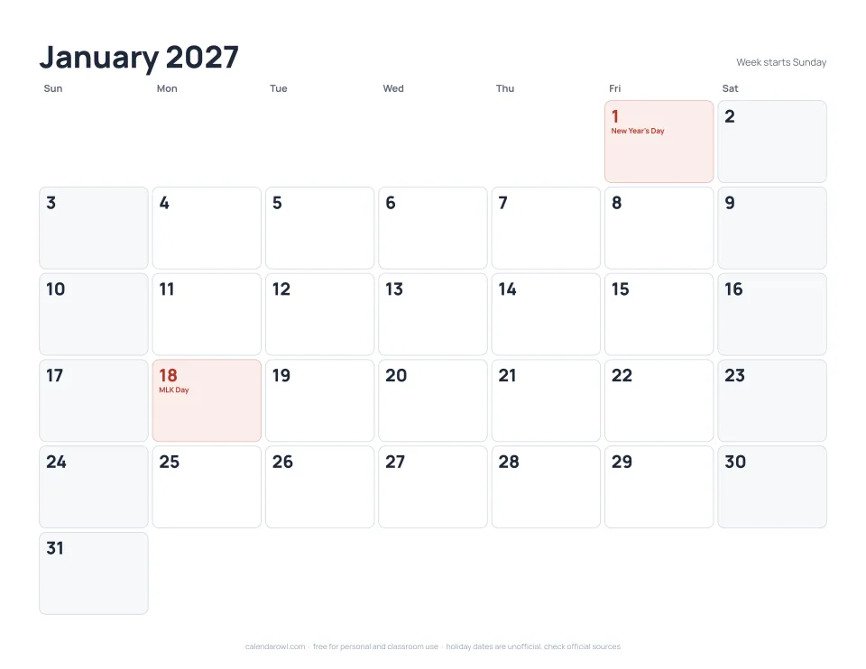 Printable monthly calendar 2027 preview, January page with holidays