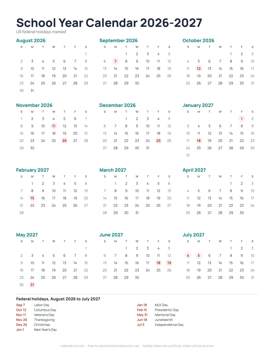School year calendar 2026-2027 printable, August to July