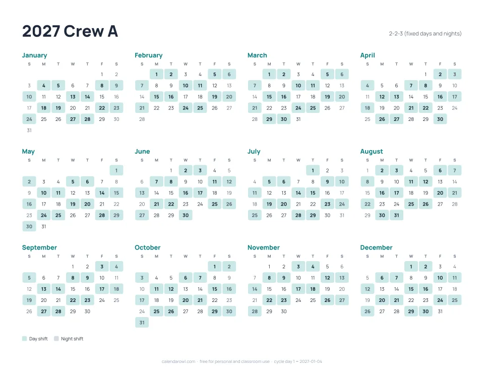 2-2-3 shift schedule, one crew on a 2027 year calendar with day shifts shaded
