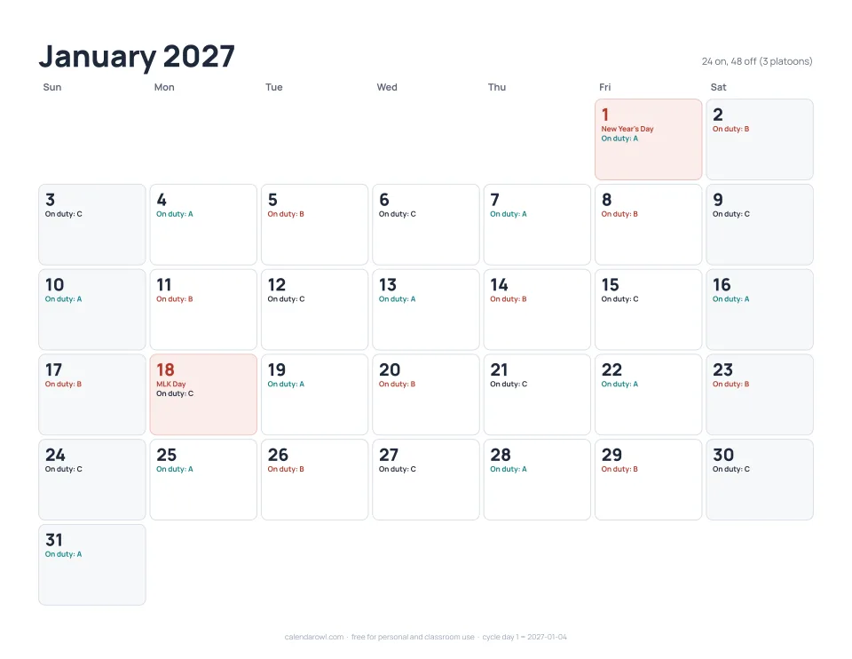 Firefighter 24/48 shift calendar 2027 with A, B and C platoons