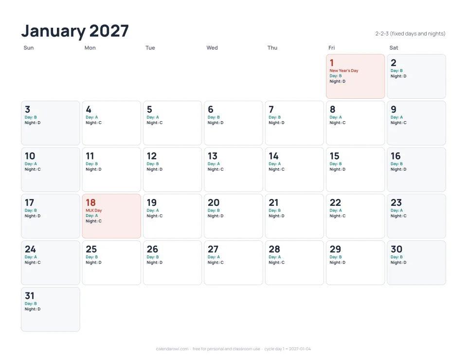 Panama schedule calendar 2027, January page showing which crew works day and night shifts