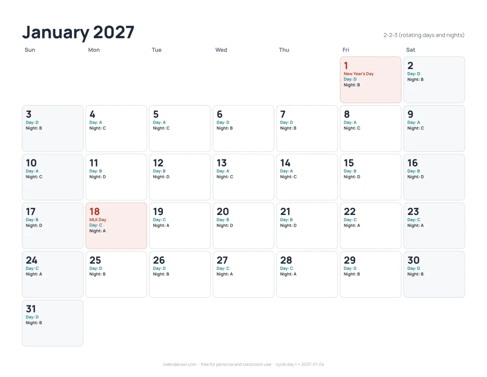 Pitman schedule calendar 2027, January page with rotating day and night crews